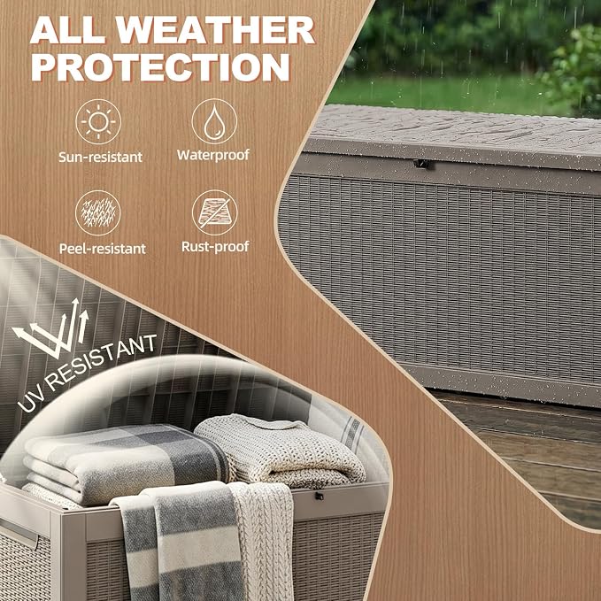 EFU Outdoor Storage Box 320 Gallon Deck Box (Indoor & Outdoor) Lockable UV Resistance Waterproof Resin Storage Bin Storage Box for Outdoor,Patio Storage With Support Rod(Taupe)