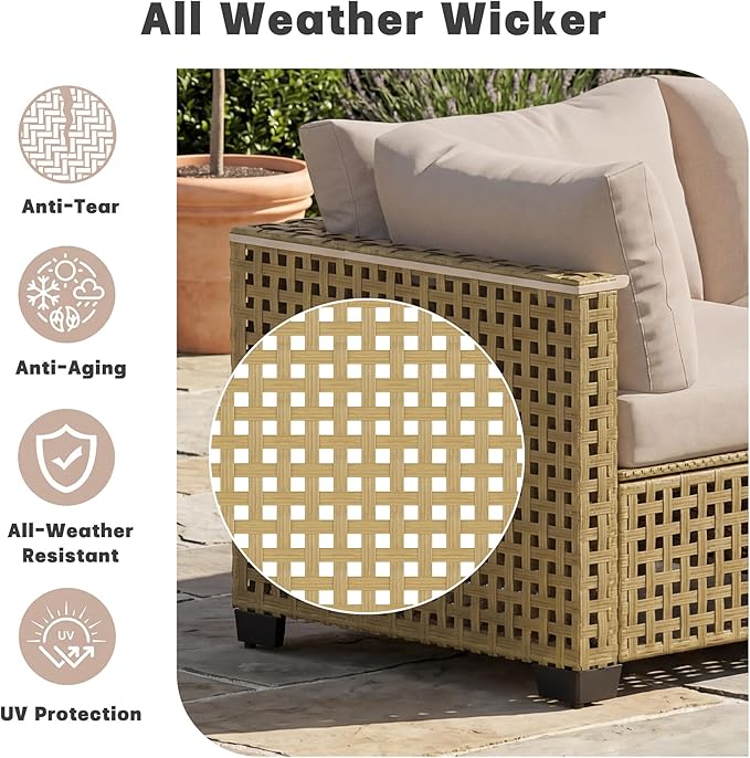 7 Pieces Patio Furniture Sets, Outdoor Furniture Patio Conversation Set, All Weather PE Rattan Sectional Sofa with Cushions and Black Glass Table (Yellow-White,7 Pieces-S)