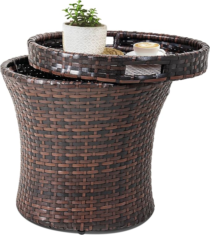 Sundale Outdoor Wicker Side Table with Storage, 20 Inch Small Patio Rattan End Table Accent Tables with Lid, Steel Frame Lightweight Brown