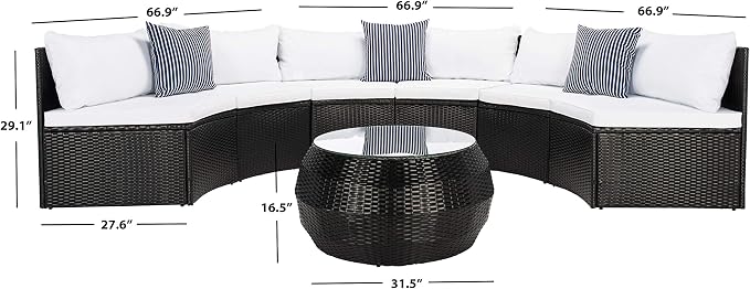 SAFAVIEH Outdoor - Jesvita 4-Piece Conversation Set - Black & White - Faux Wicker & Steel Frame - Demilune Sectional with Accent Table - Ideal for Patio, Deck, Porch, Backyard (PAT7701A)