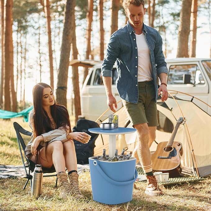 Outdoor Cool Bar Table with Adjustable Height,4-Gallon All-Weather Ice & Wine Cooler,Multi-Functional Patio Cocktail Station for Camping, Backyard & Parties