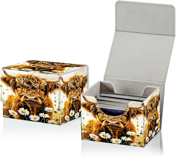 Card Deck Box for MTG, Cards Storage Box Fits 120+ Sleeved, Leather Small Size Strong Magnetic Closing Card Case for Board Games Magic TCG CCG Baseball Collection, Flower Yellow Cow