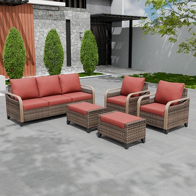EAGLE PEAK Modern Wicker Outdoor Patio Furniture Set, Patio Conversation Set, 2 Chairs, 3-Seat Loveseat and 2 Ottomans, 5 Pieces, Brown/Red