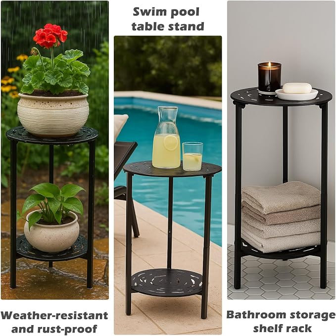 2 Packs Two-tier Metal Round Side Table Black Accent Coffee Tables Small Space Corner Plant Stand Shelf for Indoor Outdoor Use Patio Balcony End Table Laser-Cut Floral Pattern Weather-Resistant