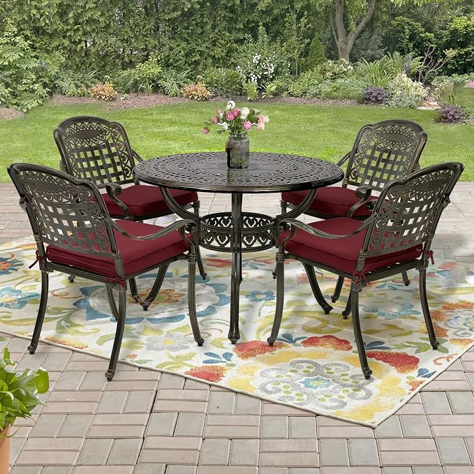 5-Piece Outdoor Patio Dining Set, All-Weather Cast Aluminum Furniture Conversation Set, Include 4 Cushioned Chairs and a 38.5” Round Table with Umbrella Hole for Balcony, Lawn, Red