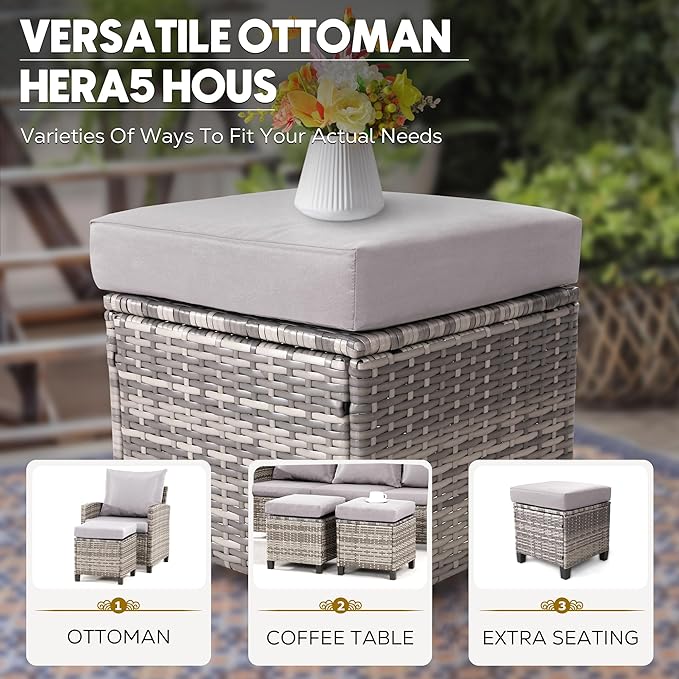 FHFO 5 Pieces Outdoor Patio Furniture Set, Wicker Sectional Sofa Patio Conversation Set Couch with Ottomans Rattan Chair and Table for Garden, Yard,Grey-Grey