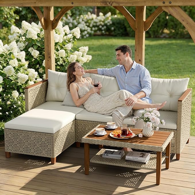 Greesum All-Weather Modular Rattan Sofa Set - Hand-Woven PE Wicker, L-Shaped Patio Couch with Cushions & Coffee Table for Indoor/Outdoor Use