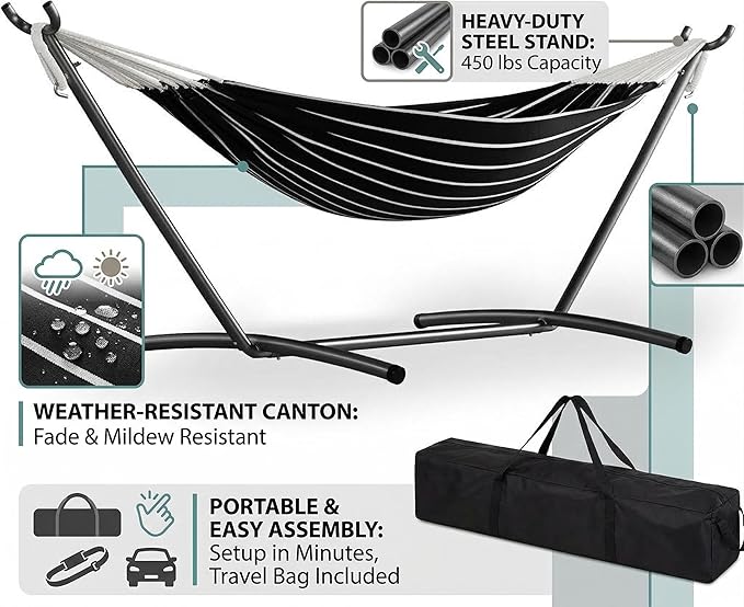 Double Hammock with Stand Included - 2 Person Brazilian Style Portable Hammock Bed - 450 Lbs Capacity Heavy Duty Adjustable Steel Stand for Indoor Outdoor - Weatherproof with Carrying Bag