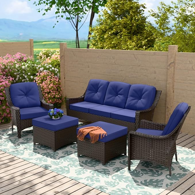 Stone Creek Outdoor Furniture Set with Patio Chairs, 3 Seater Couch & Ottomans, Wicker Patio Conversation Set, Balcony Furniture, 5 Piece, Brown/Blue