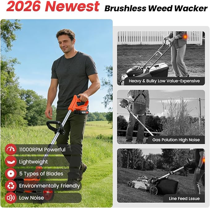 Cordless Weed Wacker, Stringless Electric Weed Eater & Lawn Edger with 2x2000mAh Battery. Lightweight Weed Cutter/Grass Cutter, 5 Different Blades & Wheels,Suitable for Garden Yard Trimming