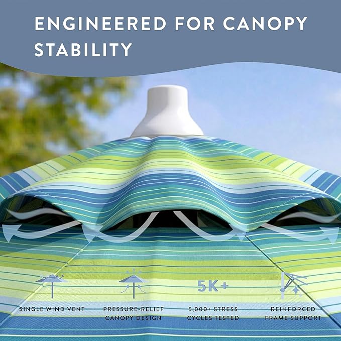 California Umbrella 12-Year Protection 7.5-Ft Outdoor Patio Umbrella, Sunbrella Fade-Resistant Fabric, Auto-Tilt, Heavy Duty Aluminum Frame, 8 Reinforced Ribs for Pool or Deck, White Pole, Seville Seaside