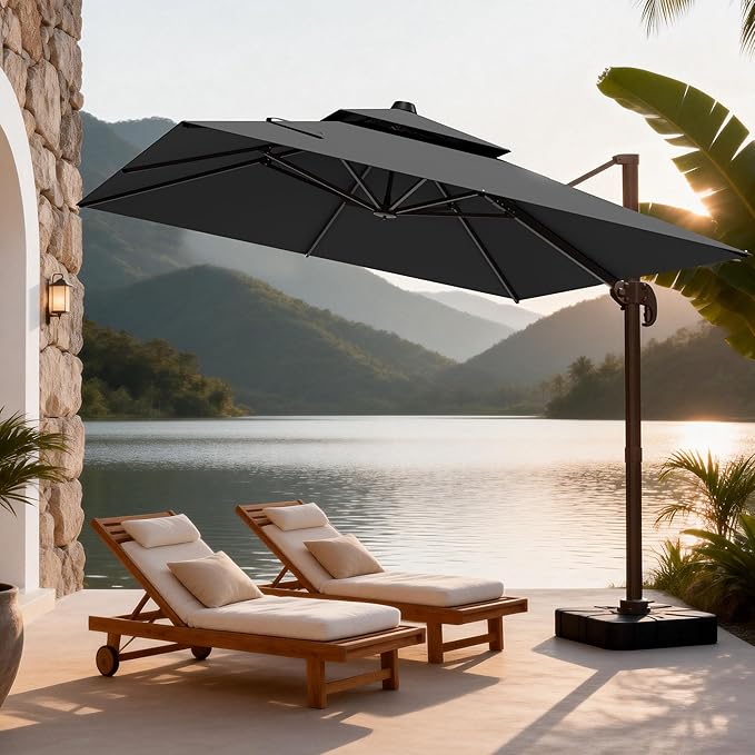 10x10Ft Patio Umbrella Outdoor Cantilever Rectangle Umbrella, 6-Level Tilt & 360° Rotation Offset Umbrella for Garden, Deck, Pool(Grey)