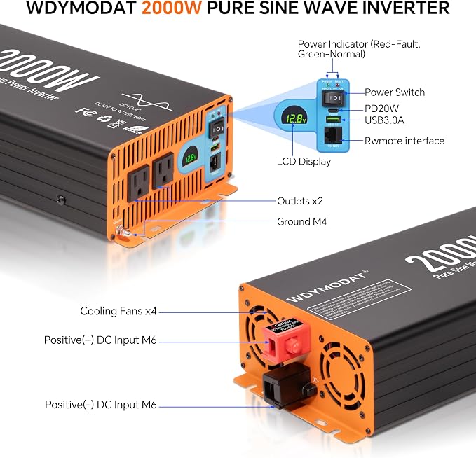 2000W Pure Sine Wave Inverter,12V DC to 120V AC Car Power Inverter 4000W Peak with 2AC Outlets, 3.0A USB and Type-C, LCD Display 16.5 ft Remote Control for RV Truck Travel Solar Emergency
