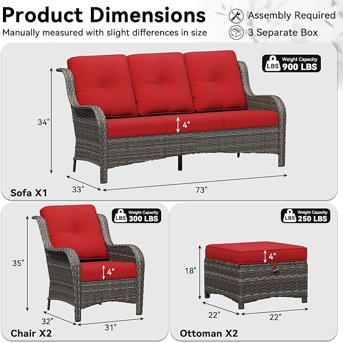 5 Piece Outdoor Wicker Patio Furniture Set, Patio Chairs Set with Thickened Olefin Cushions, High Back and Deep Seating, Hand-Woven PE Rattan, Ottoman for Porch, Deck