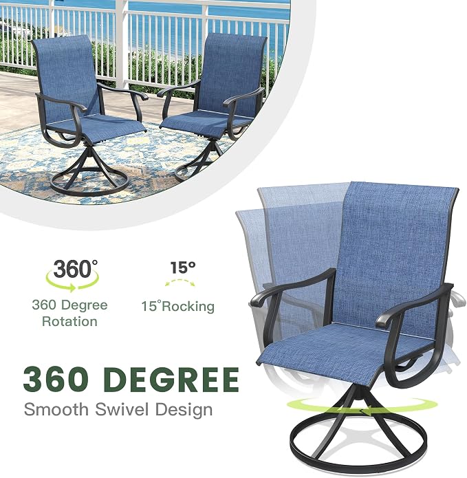 Outdoor Dining Set for 6, 50" Metal Round Outdoor Dining Table with Umbrella Hole and Sling Patio Swivel Chairs, 7 Pieces Patio Table and Chairs Set for Garden Backyard, Dark Blue and Black