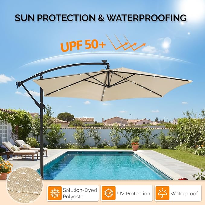 VINGLI 10 ft Cantilever Patio Umbrella, Offset Cantilever Outdoor Umbrella with Solar Lights, Easy Crank & Tilt Adjustment for Backyard, Poolside, Deck