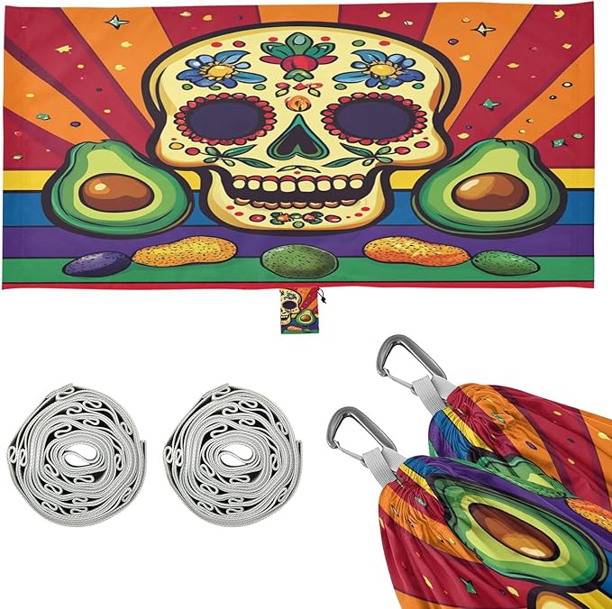 Mexican Cinco De Mayo Skull Colorful Outdoor Hammock with Tree Straps Tree Hammock for Outside Beach Patio Garden