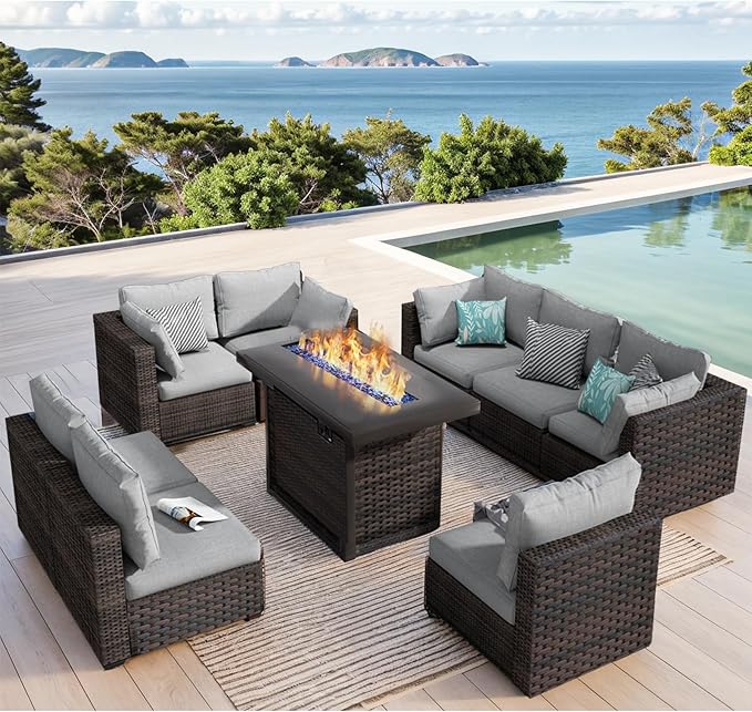 Patio Furniture Set 9 Pieces with 44" Fire Pit Table, Rattan Outdoor Sectional Conversation Sets, All Weather Outdoor Furniture Set with Cushions for Garden Lawn Balcony Porch Deck Grey