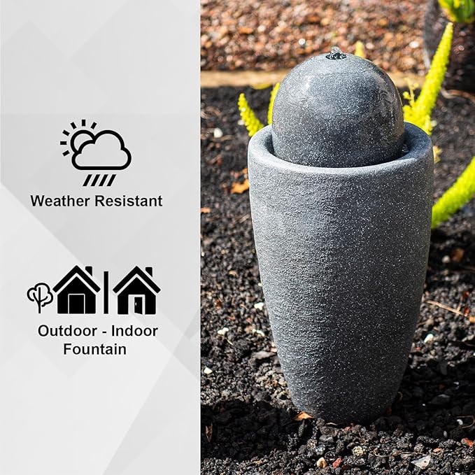XBrand 26" Modern Sphere Water Fountain with LED Light – Indoor Outdoor Stone Texture Floor Fountain, Zen Bubbling Ball Water Feature for Garden Patio Porch - Gray