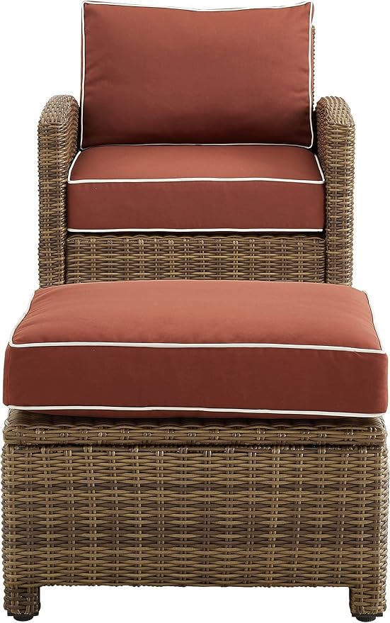 Crosley Furniture Bradenton 2-Piece Outdoor Chair and Ottoman Set, Wicker Patio Conversation Sets for Porch, Brown with Sangria Cushions