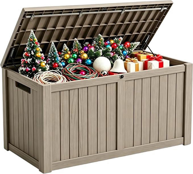 178 Gallon Large Resin Outdoor Storage Box, Waterproof Deck Box, Lockable Deck Container with Reinforced Support, Outdoor Chest for Patio Accessories, Outdoor Cushions, Garden Tools, Taupe Gray