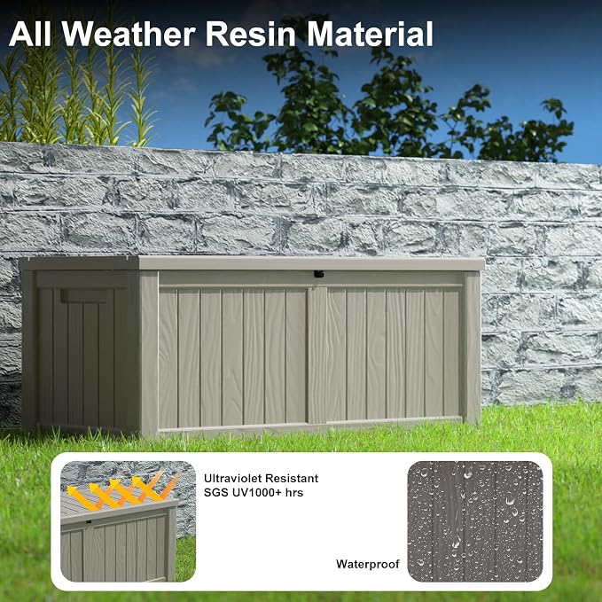 PatioZen 150 Gallon Deck Box,Resin Outdoor Storage Box with Lockable for Patio Furniture, Pool Accessories, Garden Tools Waterproof Outside Storage Box (Grey)