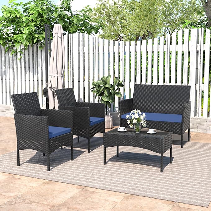 4 Piece Patio Rattan Conversation Set, Outdoor Rattan Chair Wicker Furniture Set, Couple Seats and Tempered Glass Table,Comfort Seat for Patio, Pool or Backyard