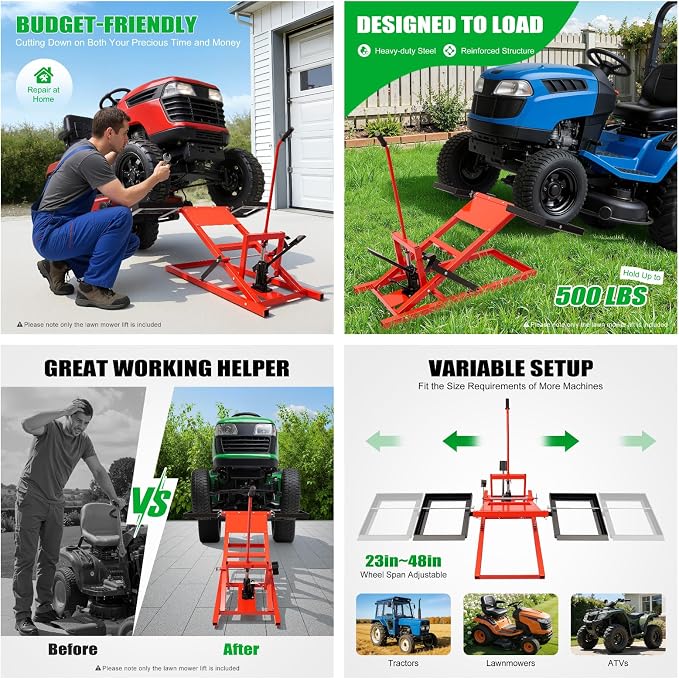 Lawn Mower Lift with Hydraulic Jack, 500 lbs Lifting Capacity Lawn Mower Lift Tool Adjustable Wheel Span for Mower Maintenance and Repair, Red