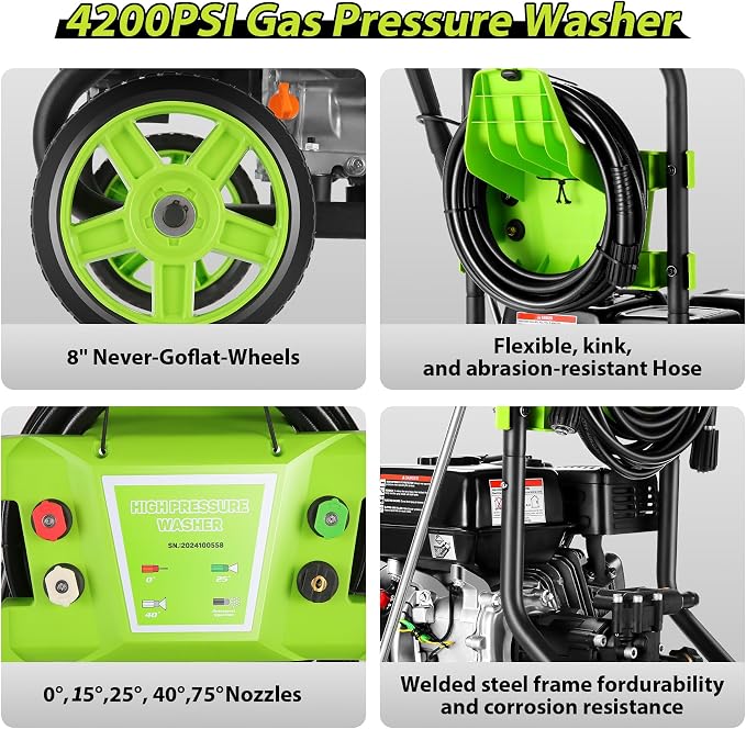 Professional 4200PSI 4GPM 209CC Gas Pressure Washer, 7.0HP Heavy-Duty 3600RPM Commercial Gas Power Washer with 750ML Foam Bottle 8" Wheels 5 Nozzles 25FT Hose (EPA/CARB/ETL Compliant), Green