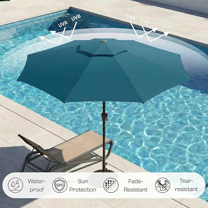 Outdoor Patio Umbrella, 2 Tiers Market Table Umbrella with 8 Sturdy Ribs, Push Button Tilt and Crank, UPF50+ UV Protection for Deck, Pool, Garden and Backyard