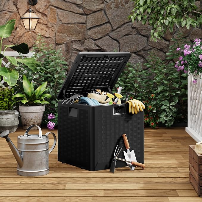 IDEALHOUSE 28 Gallon Resin Deck Box, Weatherproof and UV Resistant Outdoor Storage Box, Lockable Outdoor Storage Bin for Patio Cushions, Garden Tools, Pool Supplies, Package Delivery
