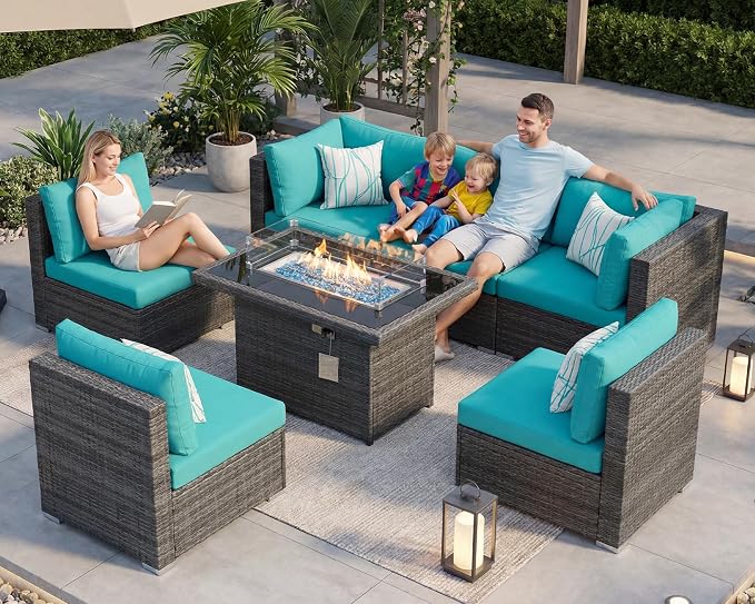 BULEXYARD 7 Piece High Back Outdoor Furniture Set with Fire Pit, Durable All Weather Wicker Patio Couch Sofa Set, Oversized Modular 6-Seater Sectional Backyard Seating Wide Deep for Lawn, Grey & Teal