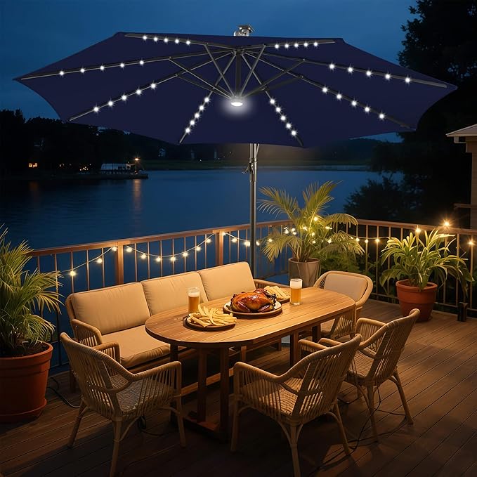 FLAME&SHADE 10ft Solar Cantilever Umbrella with 40 LED Lights, Lighted Large Offset Outdoor Patio Umbrellas, 8 Sturdy Ribs, UPF50+ UV Protection for Pool Deck Garden Yard, Navy Blue