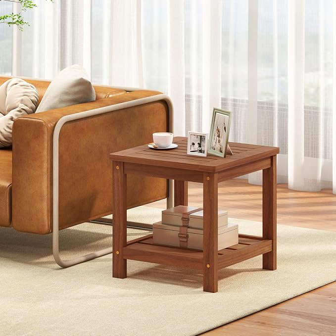 2-Tier Adirondack Side Table, Square Wood Patio End Table with Slatted Tabletop Storage Shelf, Accent Small Side Table Indoor Outdoor for Garden, Backyard, Porch & Living Room