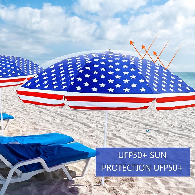 7.9ft 4th of July Patriotic Beach Umbrella Large American Flag Heavy Duty Wind Grade Red Blue White Umbrella UV 50+ for Patio Outdoor Independence Day