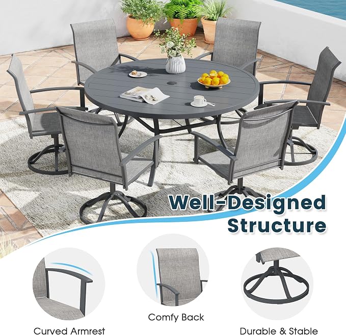 5 Pieces Outdoor Patio Dining Set, 37.8" All Weather Square Metal Table with Umbrella Hole and Storage Shelf, 4 High Back Textilene Swivel Chairs for Garden, Lawn, Grey