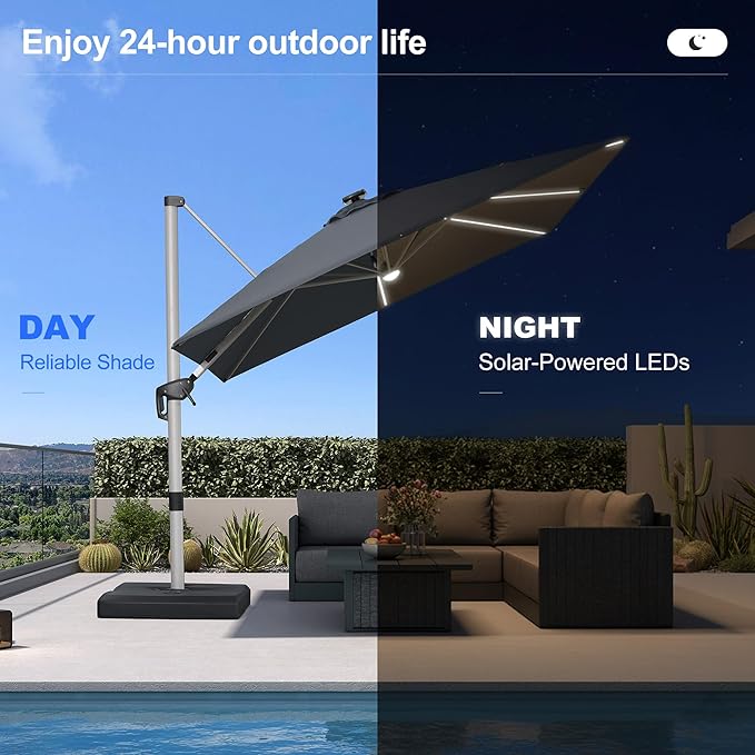 PURPLE LEAF Patio Umbrella with base 9 Feet Outdoor Square Cantilever Umbrella Solar Powered LED with 360-degree Rotation for Garden Deck Pool Patio, Grey