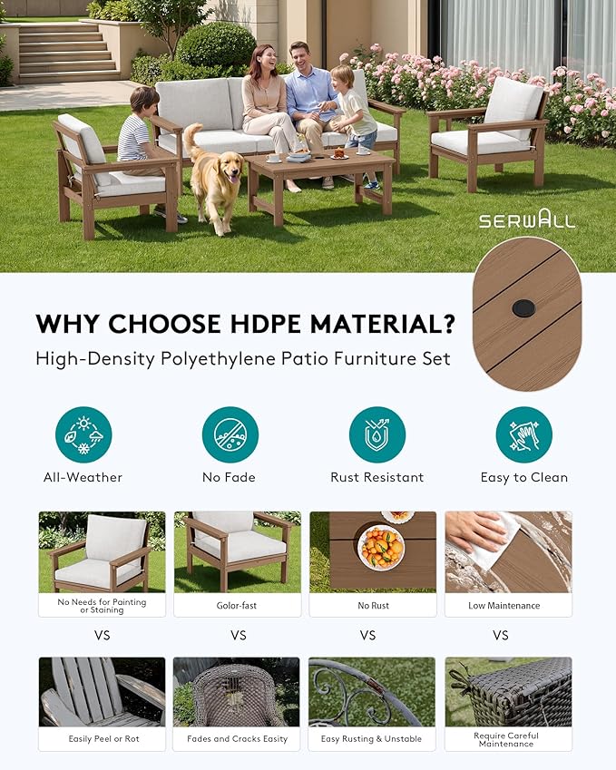 SERWALL HDPE Patio Conversation Set, 6-piece Sectional Outdoor Furniture Set, All Weather Outdoor Couch Set Patio Furniture Set for Deck, Lawn, Grey Frame with Khaki Cushion
