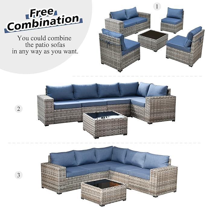 HOOOWOOO Outdoor Patio Sectional Furniture Sofa Set with Widened Armrest,6 Piece Small Modern Wicker Couch,Modular L Shaped Conversation Seating Set with Table for Out Door Garden Corner(Denim Blue)