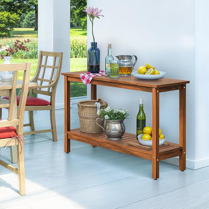 Wooden Console Table, 48in 2-Shelf Solid Wood Patio Side Table, Indoor Outdoor Buffet Bar Organizer with Foot Sliders (Natural)