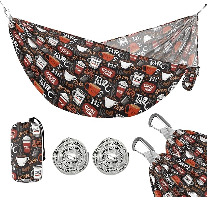 Camping Hammock Outdoor Hammocks for Outside Coffee Time Brown Beach Trees Portable Lightweight with Pockets Tree Straps Indoor
