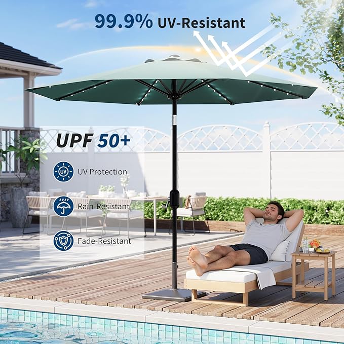 9FT Outdoor Patio Umbrella, 8 Ribs Market Table Umbrella with Solar Light & Tilt & Crank, UV-Resistant Waterproof for Pool, Deck, Backyard, Turquoise Blue