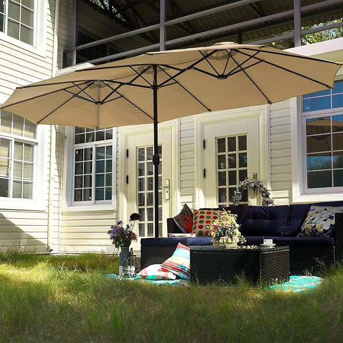 PHI VILLA 15FT Patio Umbrella with Base, Large Double-Sided Outdoor Market Umbrella with Crank Lift, UV-Resistant Canopy for Poolside, Garden, Deck, Backyard, Khaki