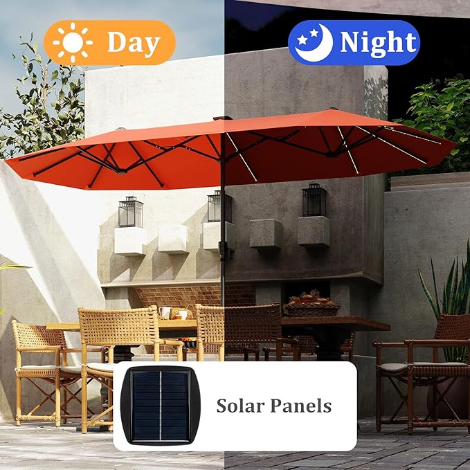 HAPPYGRILL 13 FT Double-sided Patio Umbrella with Solar Lights, Crank Handle & 12 Heavy-Duty Ribs, Outdoor Twin Size Oversized Rectangle Market Umbrella for Garden Deck Poolside