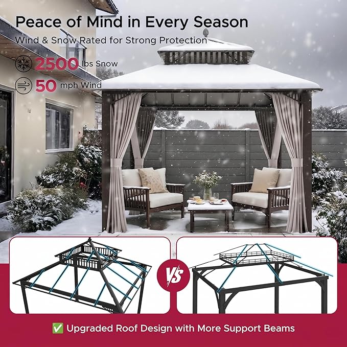 SUNJOY Kingston 10' x 10' Hardtop Gazebo with Galvanized Steel Double Roof, Curtain and Netting, Brown Aluminum Posts Permanent Pavilion Gazebo for Garden, Patio, Deck, Lawn