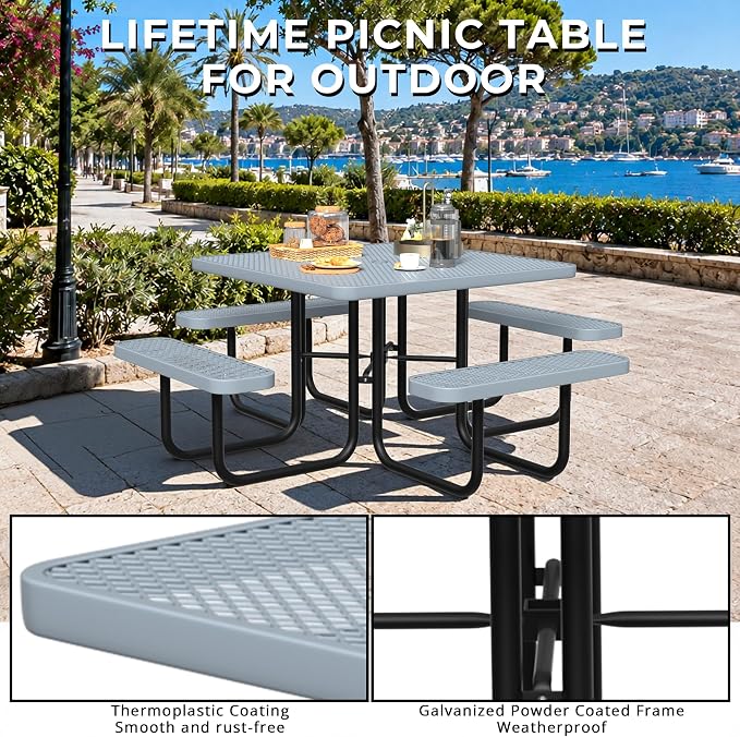 All-Weather Square Outdoor Picnic Table, Commercial Picnic Table Bench Set with Umbrella Hole, Thermoplastic Coated Metal Dining Tables for School, Stores, Park, Patio, Yard, Grey