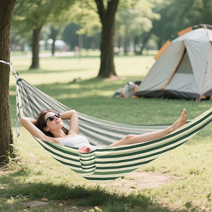 Camping Hammock Outdoor Hammocks for Outside Stripe Green Cream Beach Trees Portable Lightweight with Pockets Tree Straps Indoor