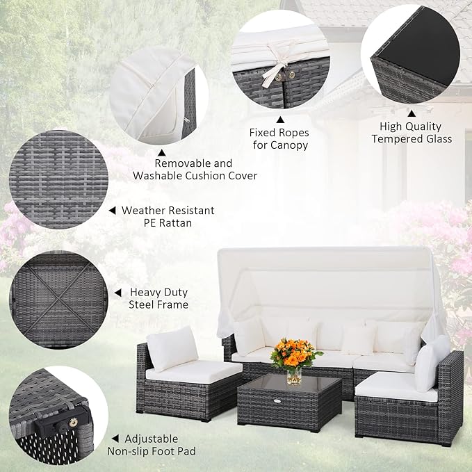 Tangkula 6-Piece Patio Furniture Set w/Retractable Canopy, Outdoor Conversation Set w/3-Seat Daybed Sofa, Soft Cushions and Tempered Glass Coffee Table, All-Weather PE Rattan Sectional Sofa Set