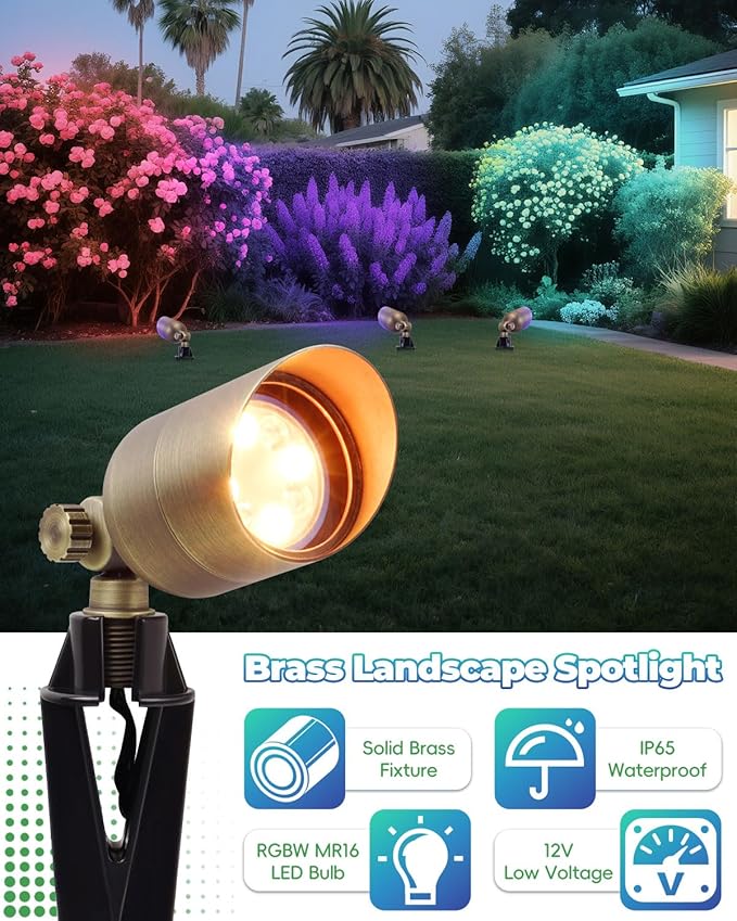 Low Voltage Landscape Lighting, Halloween Spotlight Outdoor, Color Changing Landscape Light, 12V Brass Spot Light with RGBW MR16 LED Bulb,Christmas Outdoor Decorations for Yard Garden Lawn