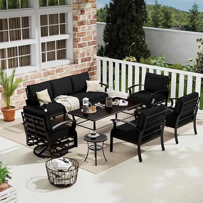 Aluminum Patio Furniture Set with Coffee Table,7 Seats Metal Modern Outdoor Furniture w/5.1" Thick Cushions, Sectional w/Swivel Chairs for Backyard,Black